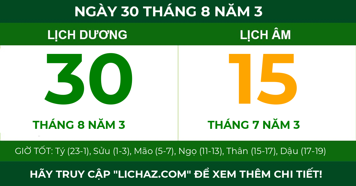 lịch âm ngày 30 tháng 8 năm 3