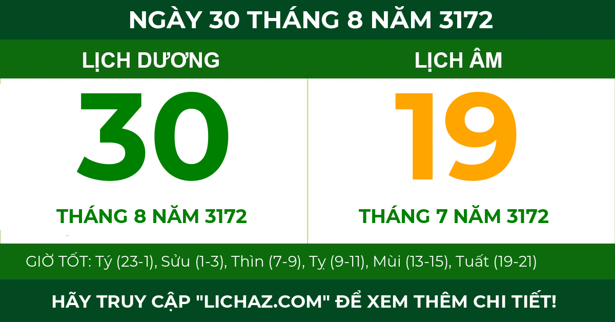 lịch âm ngày 30 tháng 8 năm 3172