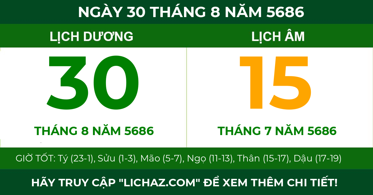 lịch âm ngày 30 tháng 8 năm 5686