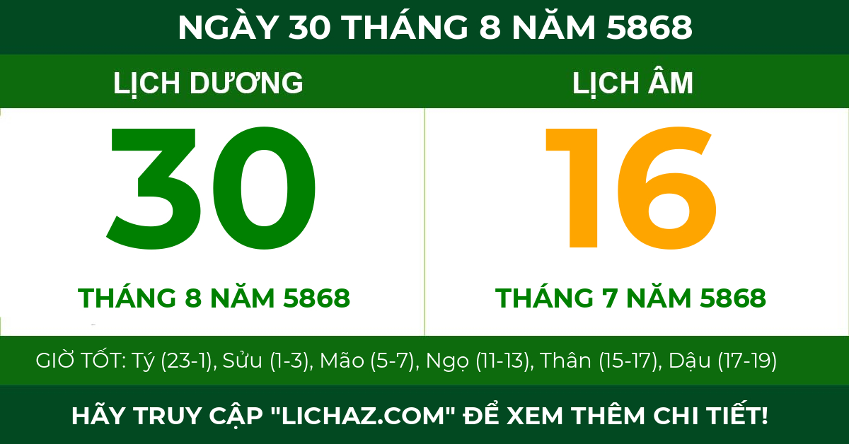 lịch âm ngày 30 tháng 8 năm 5868