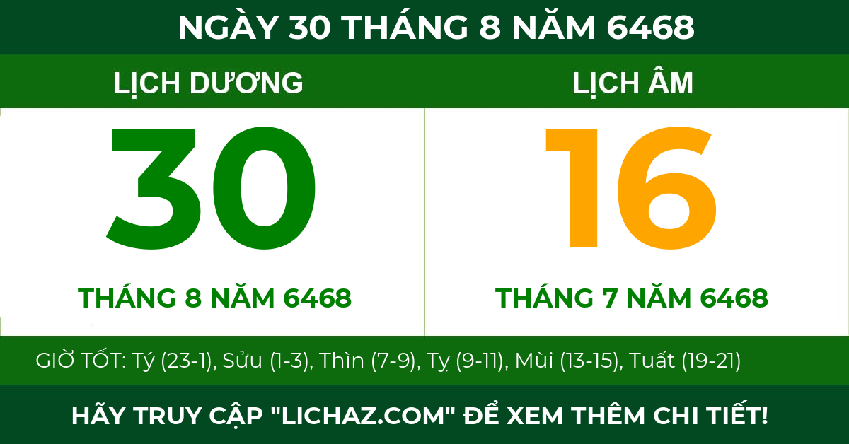 lịch âm ngày 30 tháng 8 năm 6468