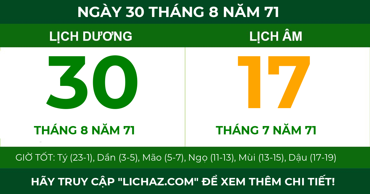 lịch âm ngày 30 tháng 8 năm 71