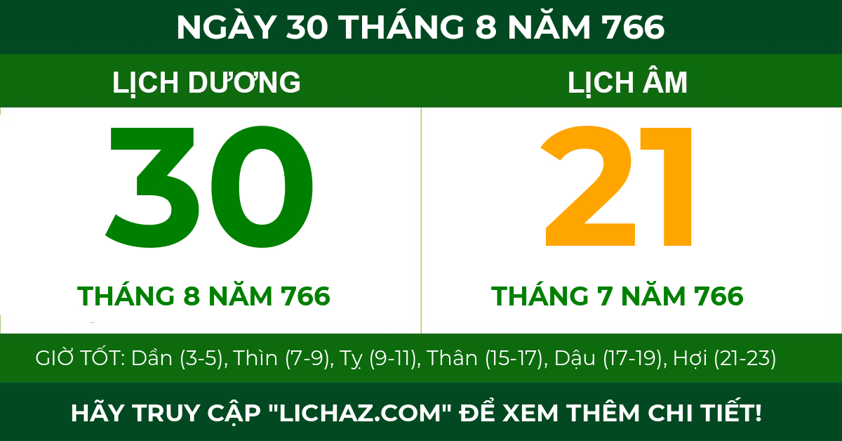 lịch âm ngày 30 tháng 8 năm 766