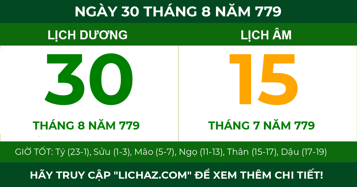 lịch âm ngày 30 tháng 8 năm 779