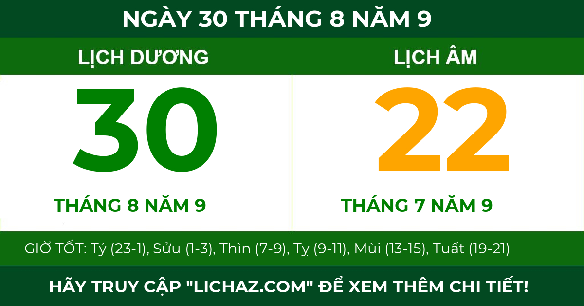 lịch âm ngày 30 tháng 8 năm 9
