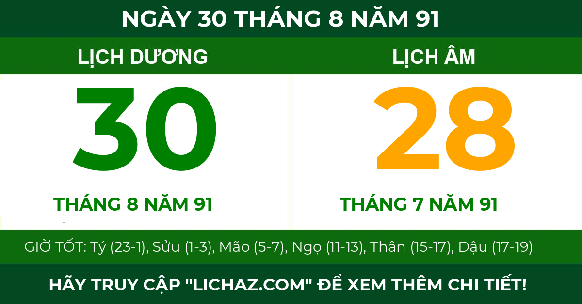 lịch âm ngày 30 tháng 8 năm 91
