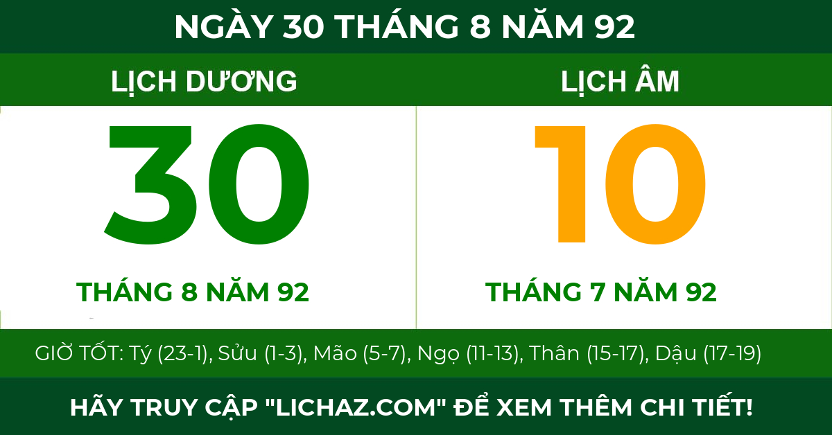 lịch âm ngày 30 tháng 8 năm 92