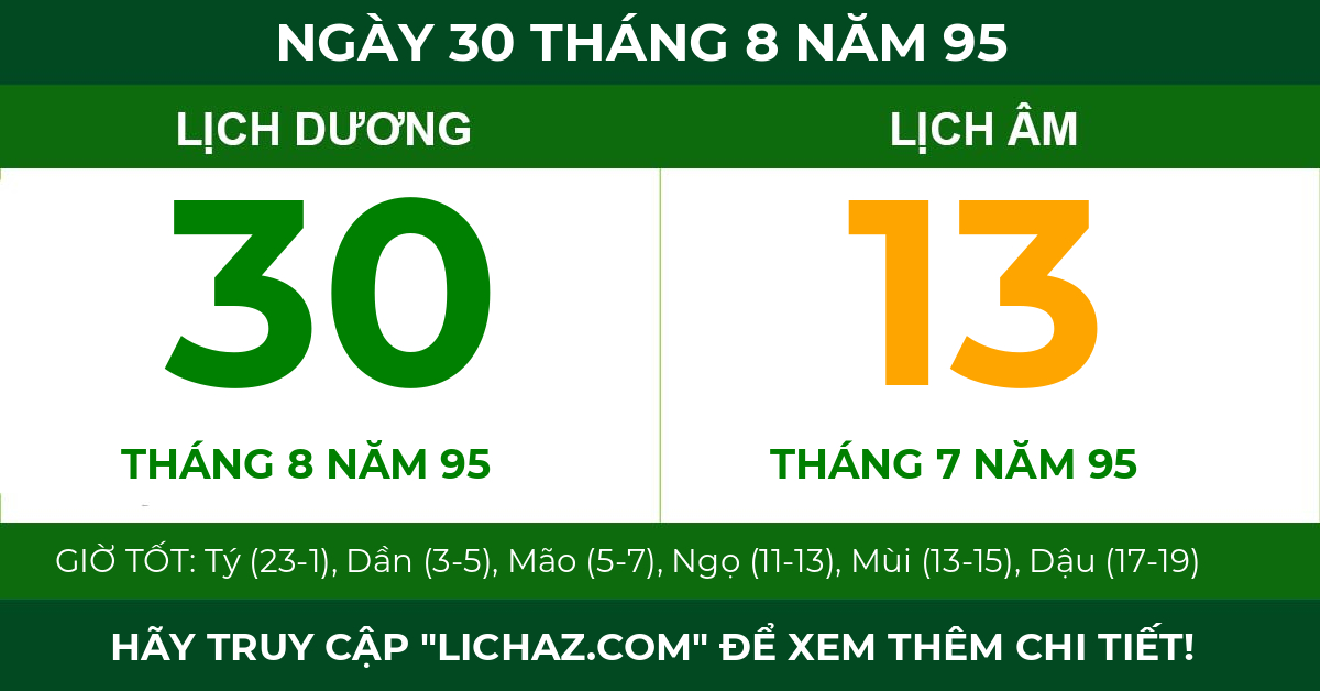 lịch âm ngày 30 tháng 8 năm 95