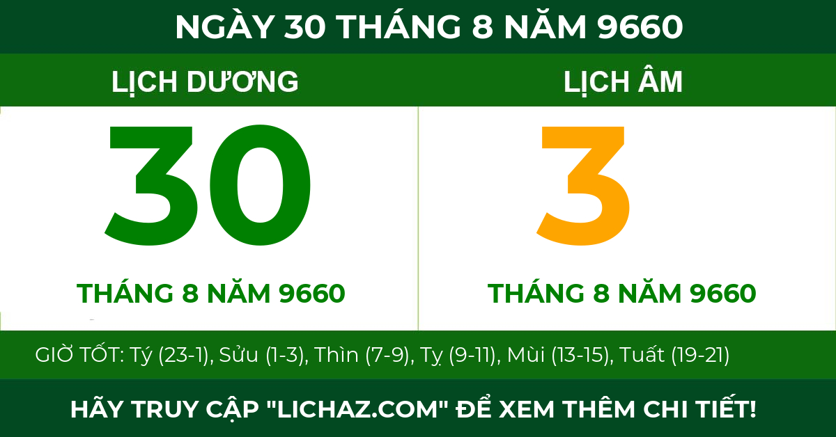 lịch âm ngày 30 tháng 8 năm 9660