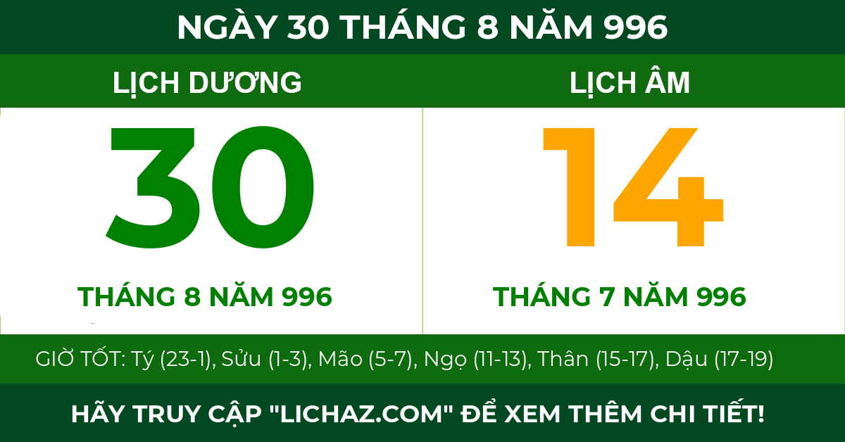 lịch âm ngày 30 tháng 8 năm 996