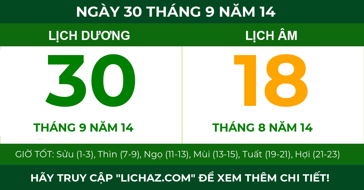 lịch âm ngày 30 tháng 9 năm 14