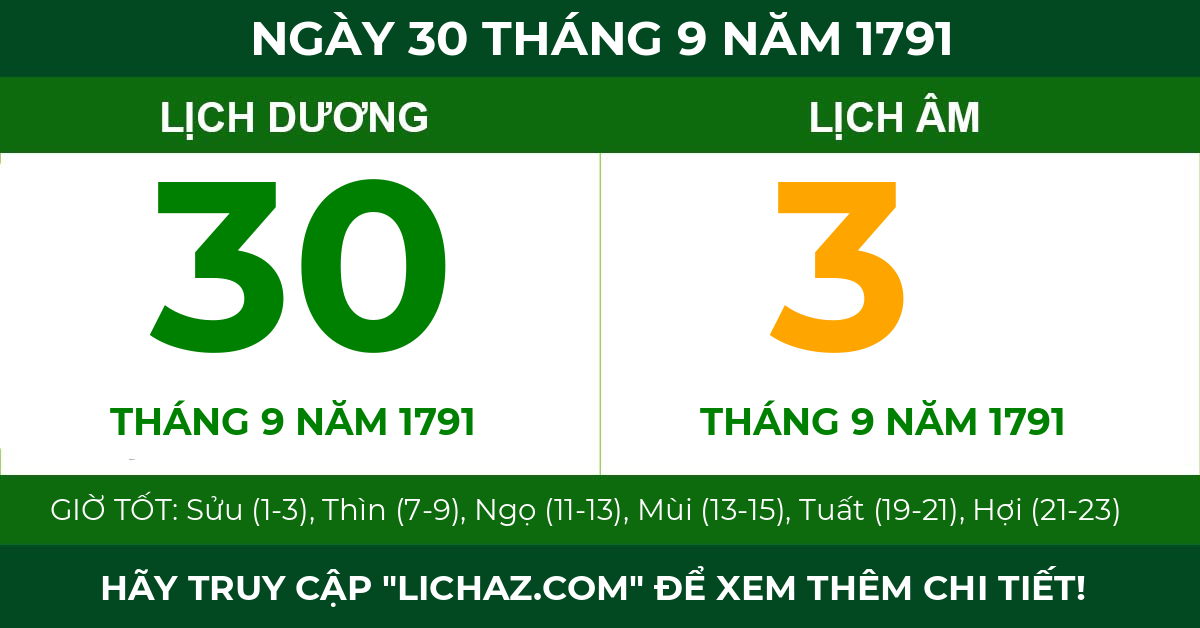 lịch âm ngày 30 tháng 9 năm 1791