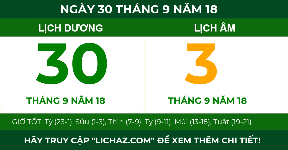 lịch âm ngày 30 tháng 9 năm 18