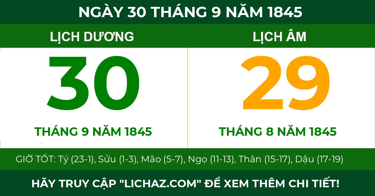lịch âm ngày 30 tháng 9 năm 1845