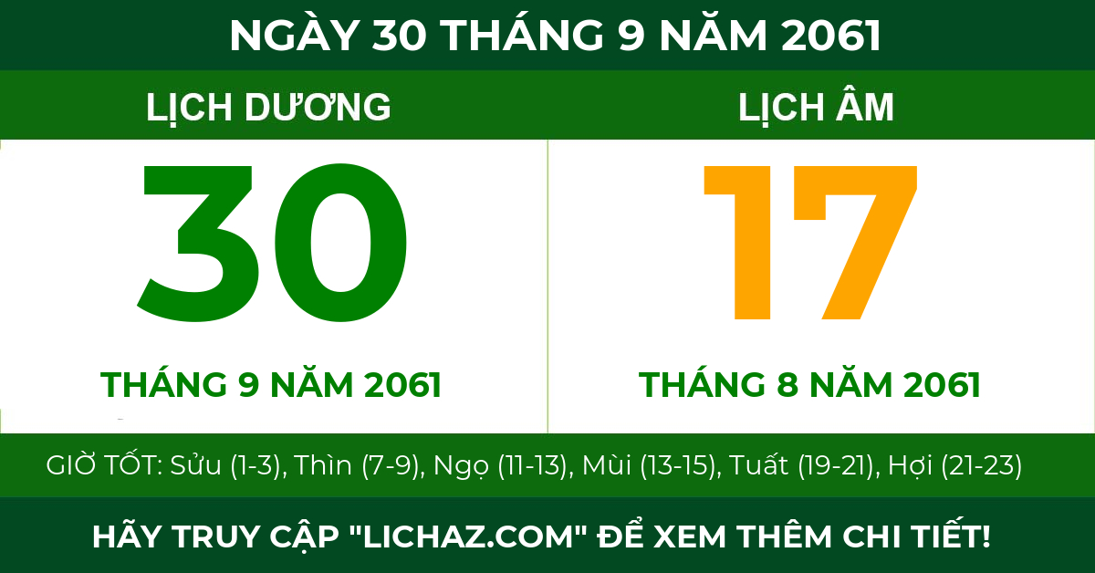 lịch âm ngày 30 tháng 9 năm 2061