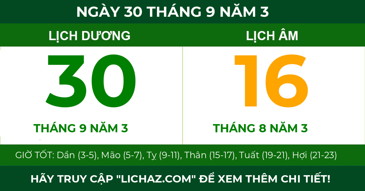 lịch âm ngày 30 tháng 9 năm 3