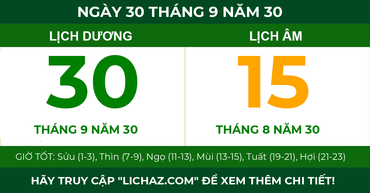 lịch âm ngày 30 tháng 9 năm 30