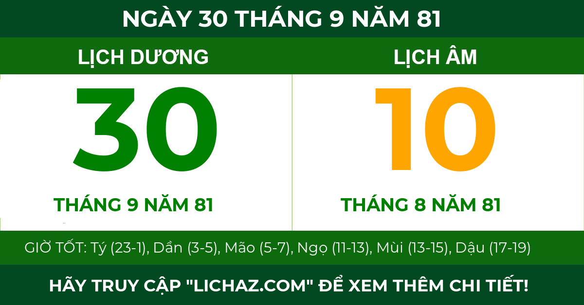 lịch âm ngày 30 tháng 9 năm 81