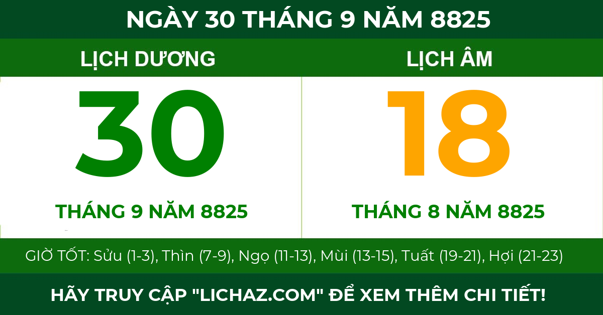 lịch âm ngày 30 tháng 9 năm 8825