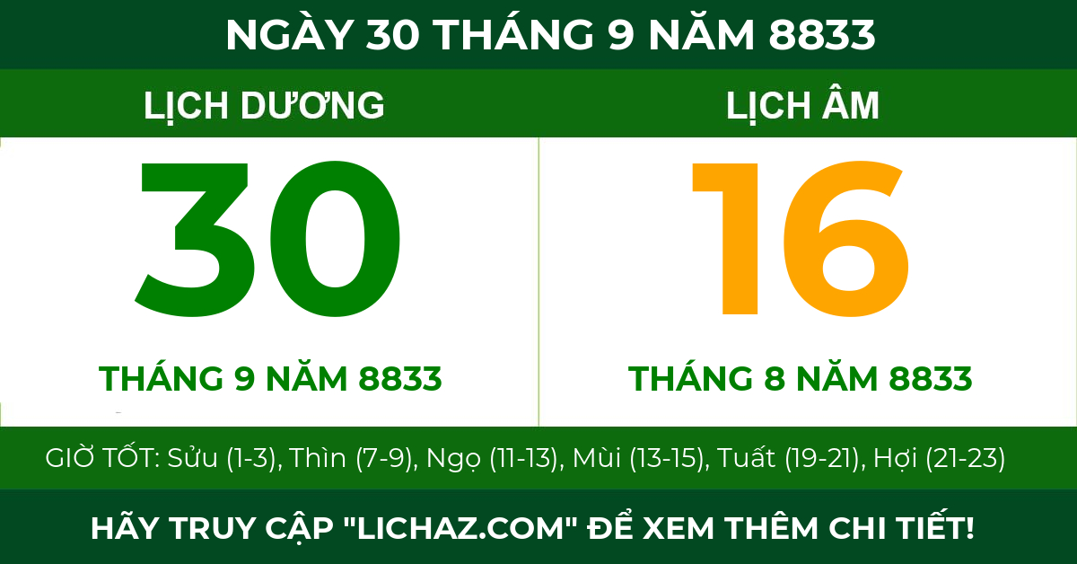 lịch âm ngày 30 tháng 9 năm 8833
