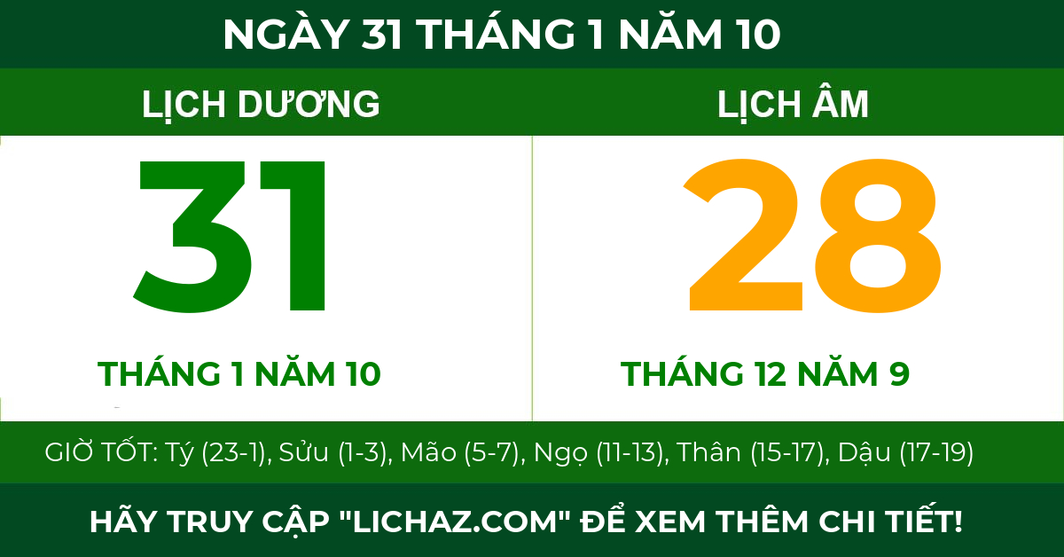 lịch âm ngày 31 tháng 1 năm 10