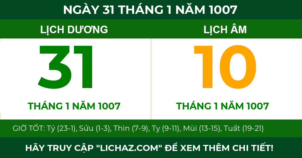 lịch âm ngày 31 tháng 1 năm 1007