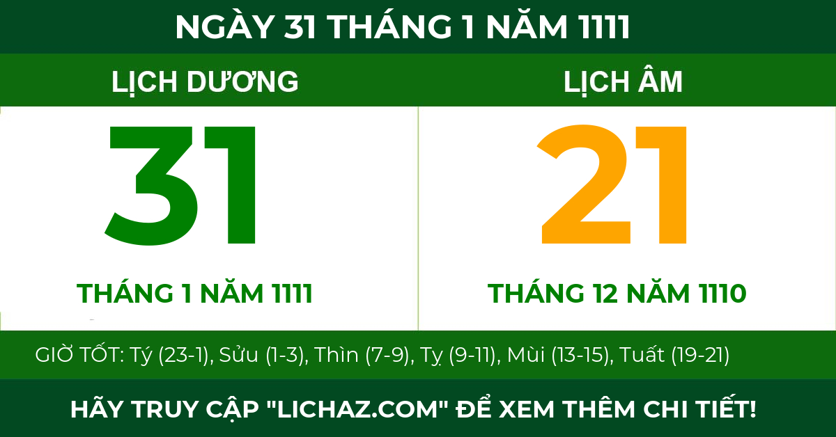 lịch âm ngày 31 tháng 1 năm 1111
