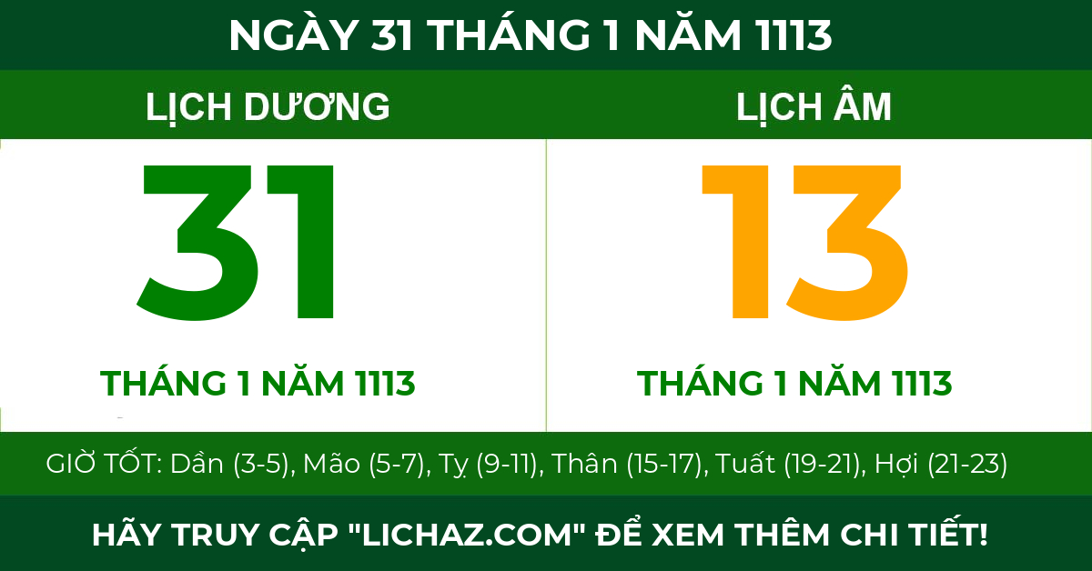 lịch âm ngày 31 tháng 1 năm 1113