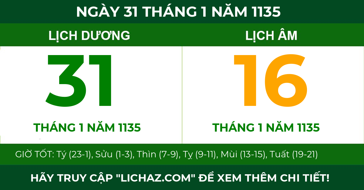 lịch âm ngày 31 tháng 1 năm 1135