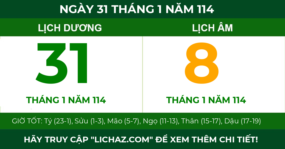lịch âm ngày 31 tháng 1 năm 114
