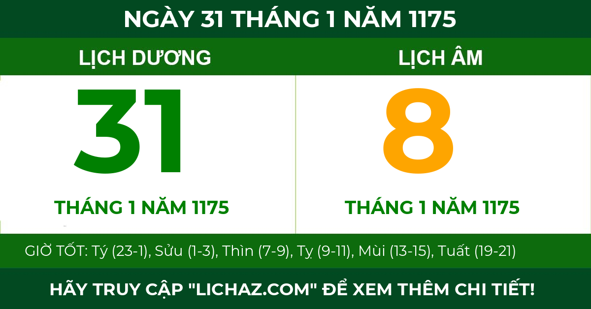 lịch âm ngày 31 tháng 1 năm 1175