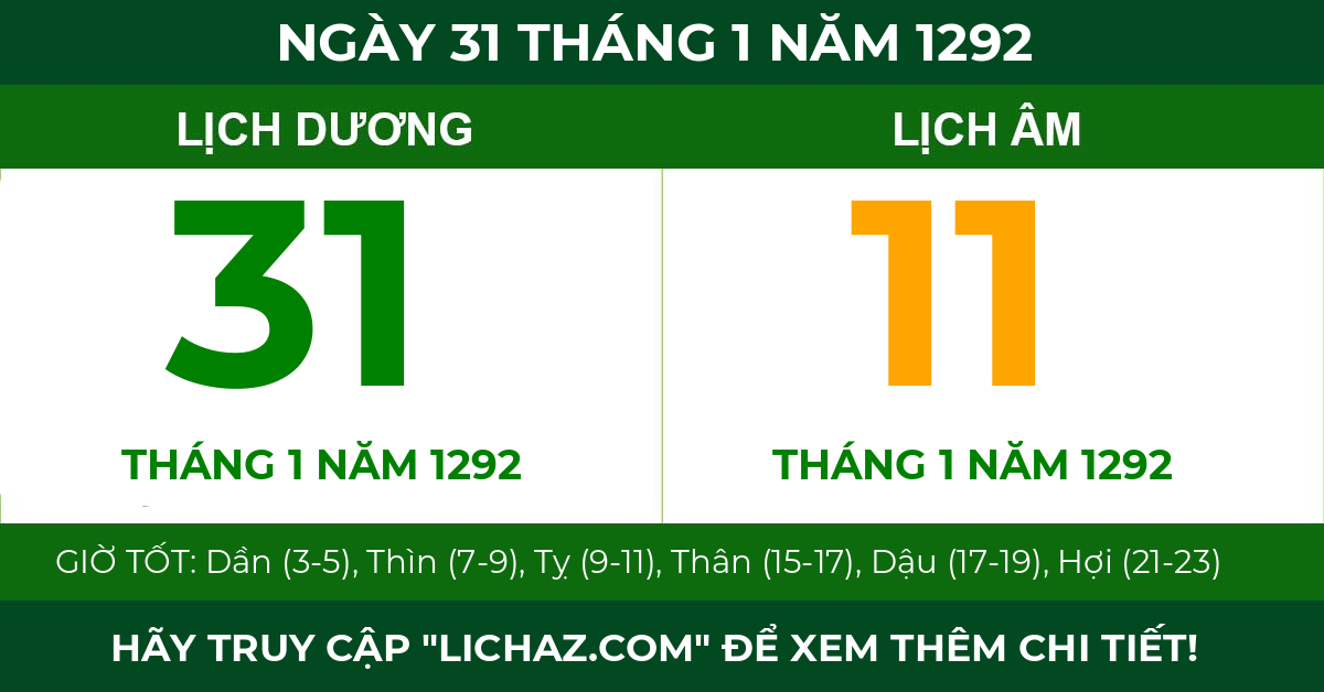 lịch âm ngày 31 tháng 1 năm 1292