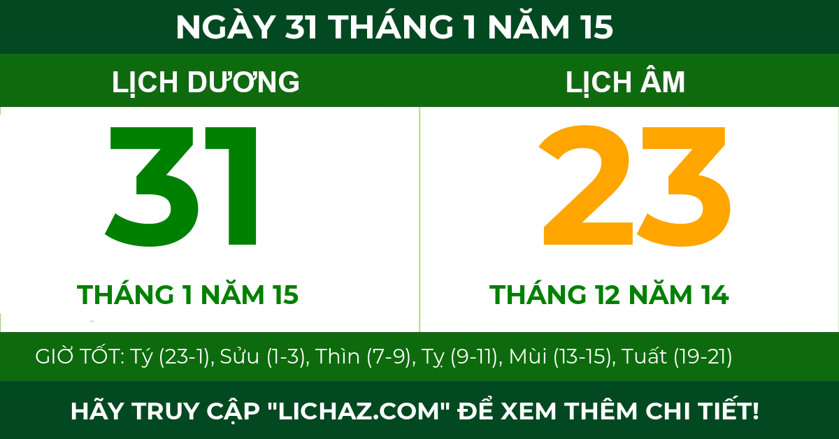 lịch âm ngày 31 tháng 1 năm 15