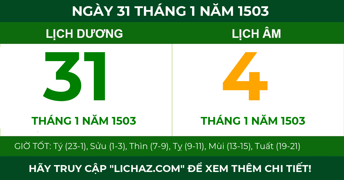 lịch âm ngày 31 tháng 1 năm 1503