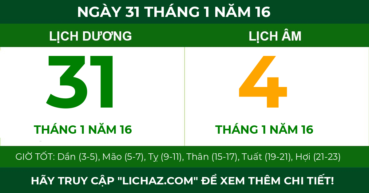 lịch âm ngày 31 tháng 1 năm 16
