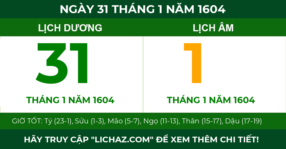 lịch âm ngày 31 tháng 1 năm 1604