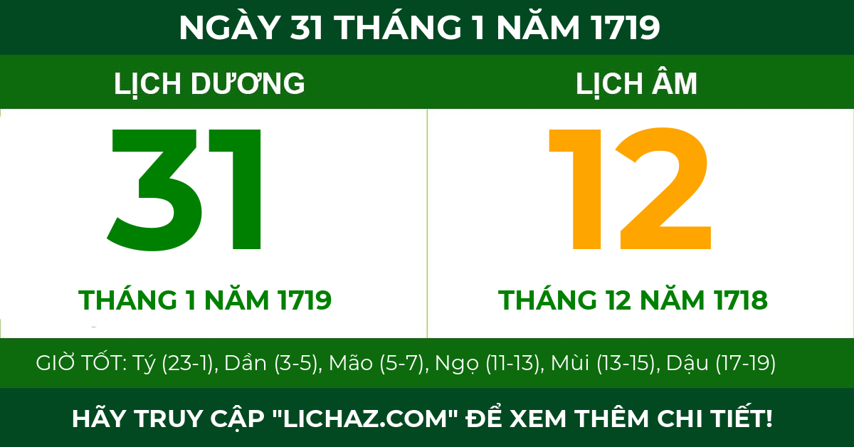 lịch âm ngày 31 tháng 1 năm 1719