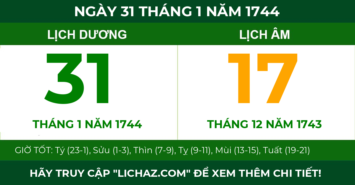 lịch âm ngày 31 tháng 1 năm 1744