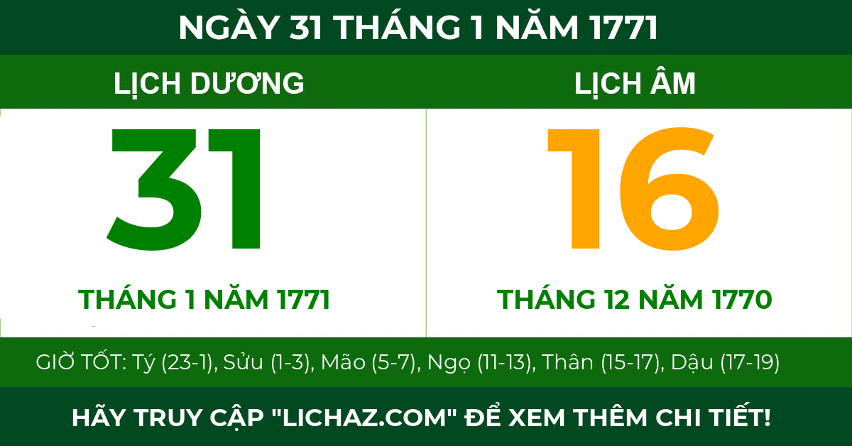 lịch âm ngày 31 tháng 1 năm 1771