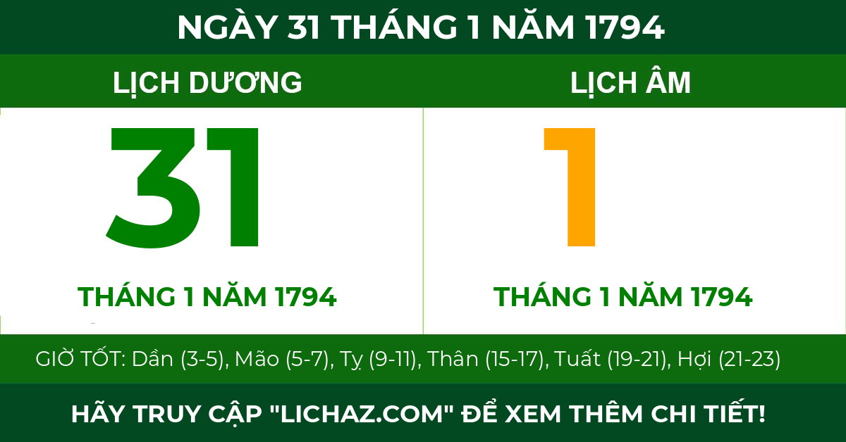 lịch âm ngày 31 tháng 1 năm 1794