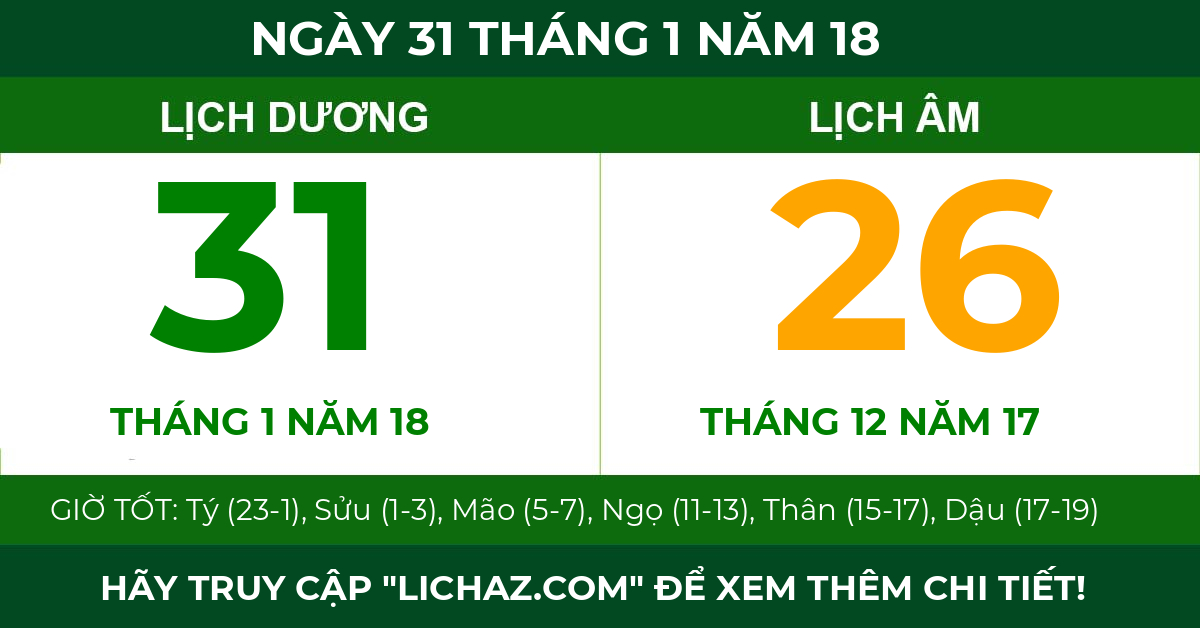 lịch âm ngày 31 tháng 1 năm 18