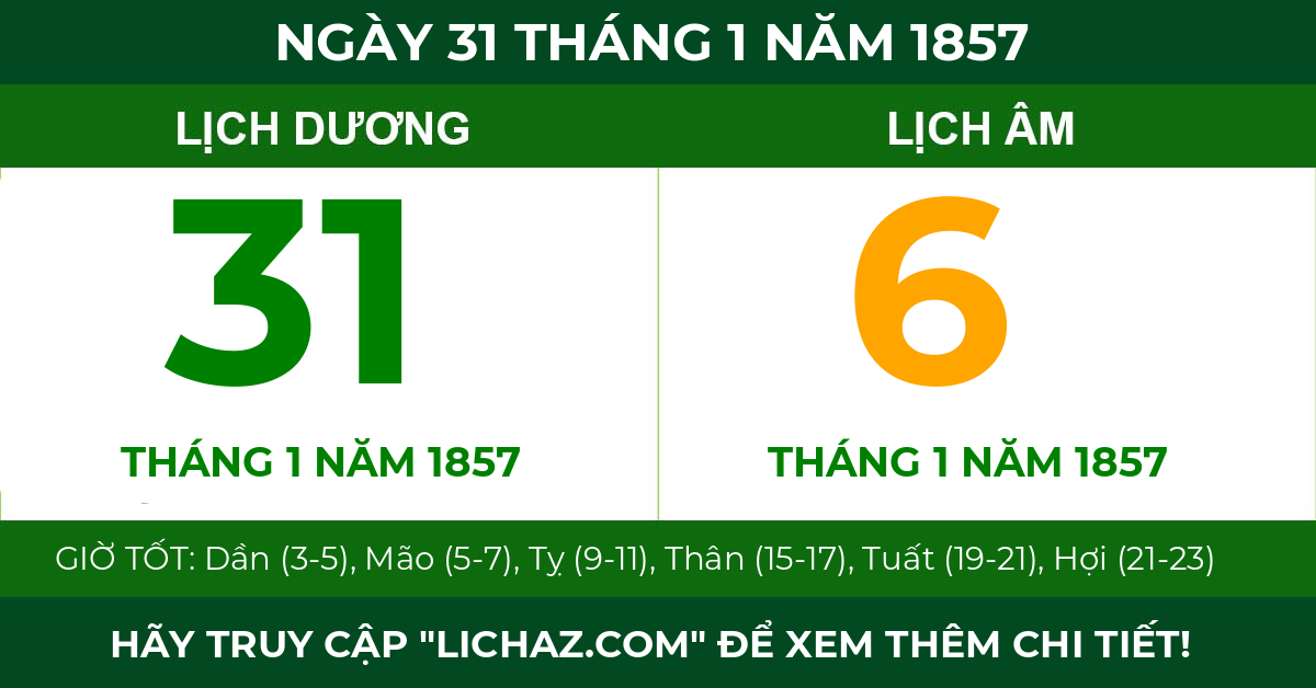 lịch âm ngày 31 tháng 1 năm 1857