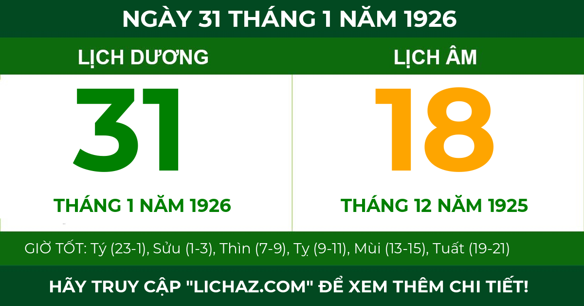 lịch âm ngày 31 tháng 1 năm 1926