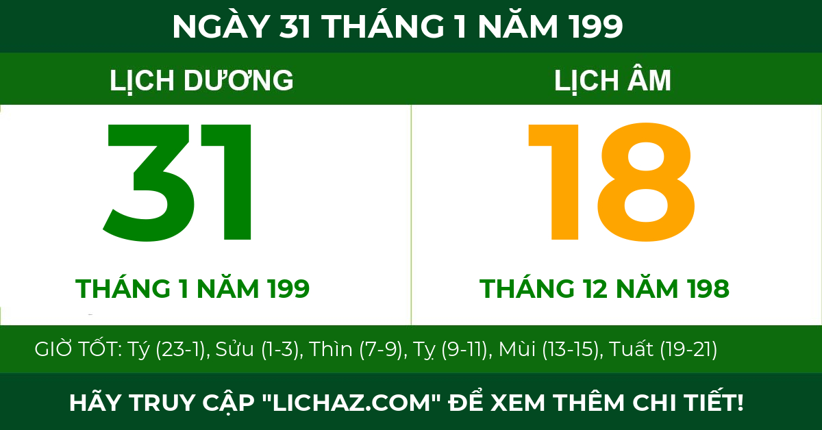 lịch âm ngày 31 tháng 1 năm 199