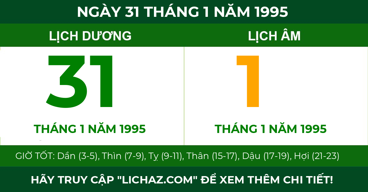 lịch âm ngày 31 tháng 1 năm 1995
