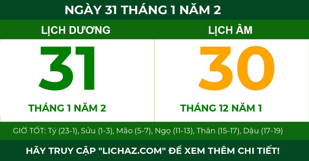 lịch âm ngày 31 tháng 1 năm 2