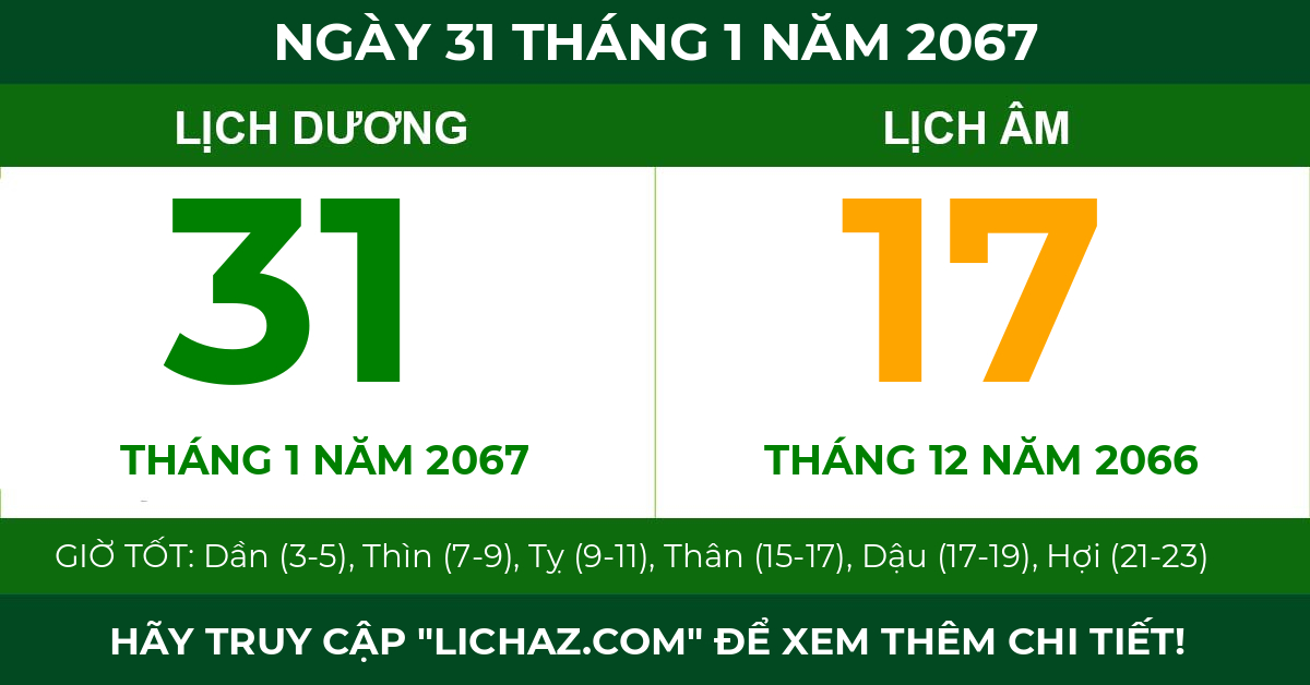 lịch âm ngày 31 tháng 1 năm 2067
