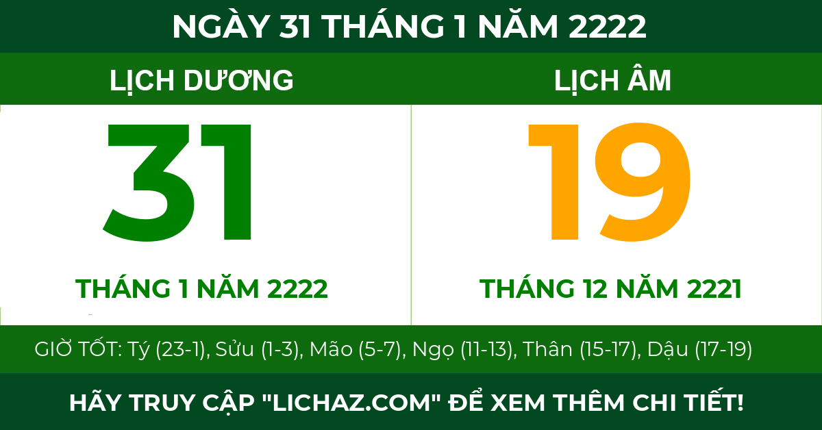 lịch âm ngày 31 tháng 1 năm 2222