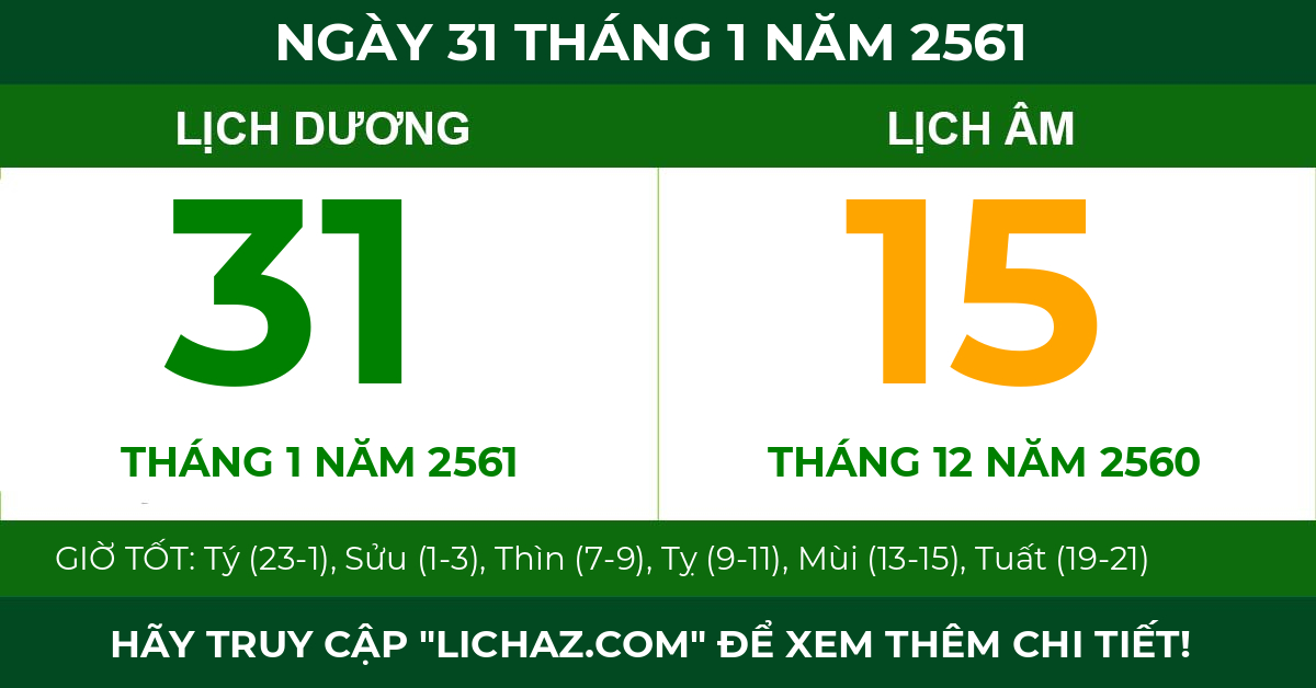 lịch âm ngày 31 tháng 1 năm 2561