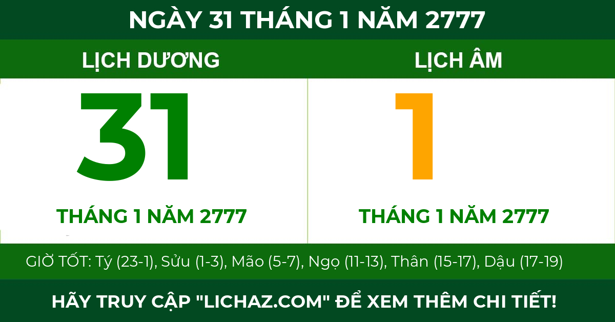 lịch âm ngày 31 tháng 1 năm 2777
